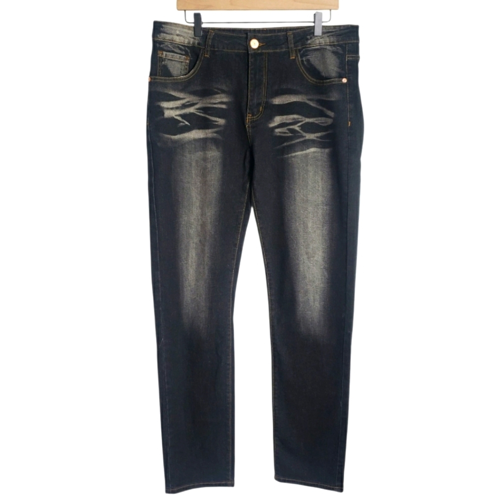 Fashion Dark Wash Distressed Whiskered Slim Straight Denim Jeans Mens Size 34